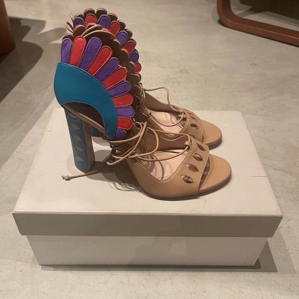 Paula Cademartori leather NEW IN BOX sz 38.5 Lotus Blue/Pink Wrap Sandals